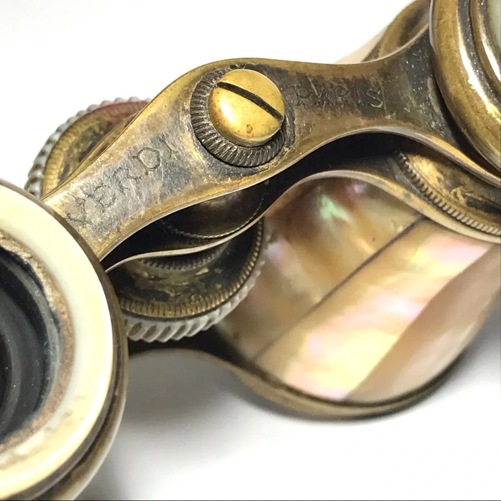 Vintage French Verdi Paris Mother Of Pearl Brass Opera Glasses Binoculars 1910s